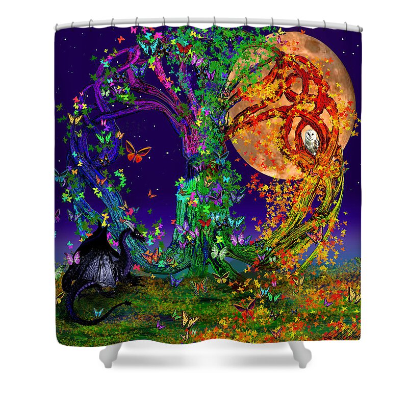 Harvest Moon Shower Curtain featuring the painting Tree Of Life With Owl and Dragon by Michele Avanti