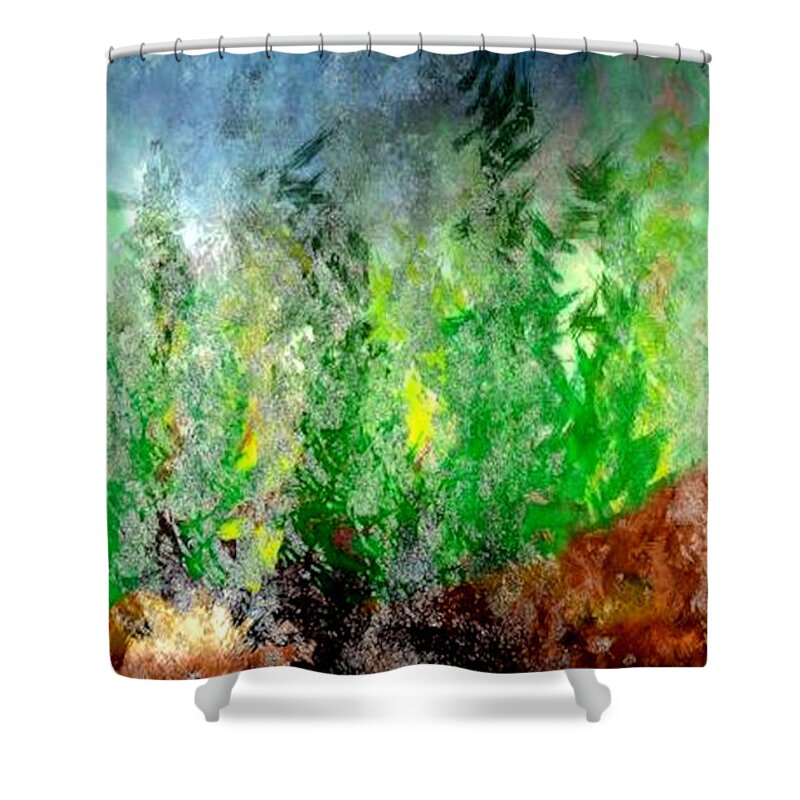 Abstract Shower Curtain featuring the painting Trees 4 by John Krakora