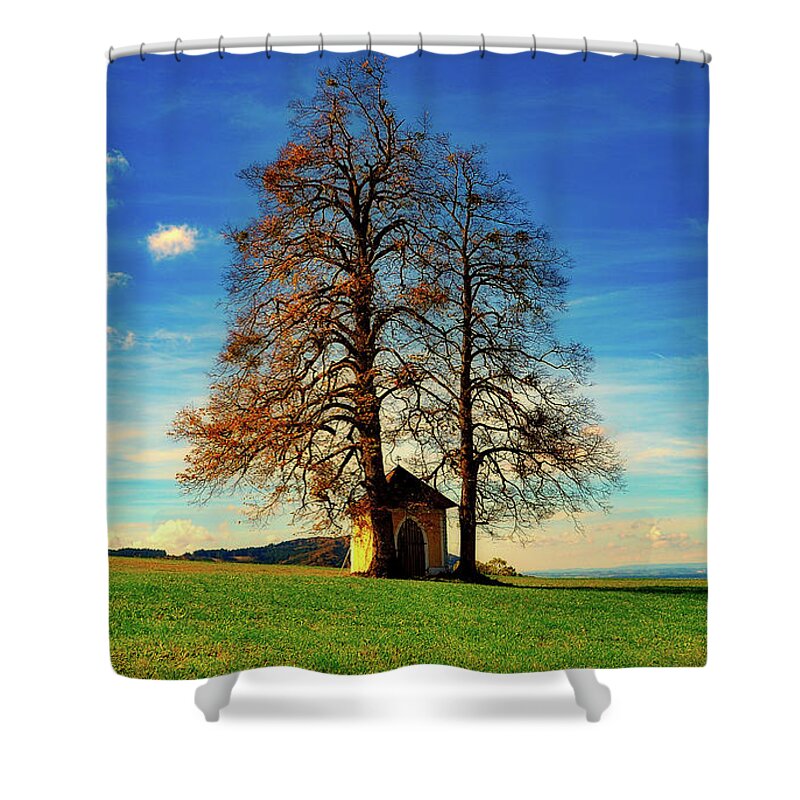 Tree Shower Curtain featuring the photograph Trees And Chapel by Mountain Dreams