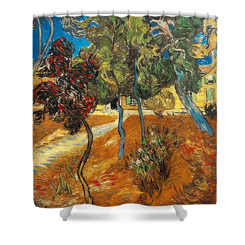 Vincent Van Gogh Shower Curtain featuring the painting Trees In The Garden Of The Asylum by MotionAge Designs