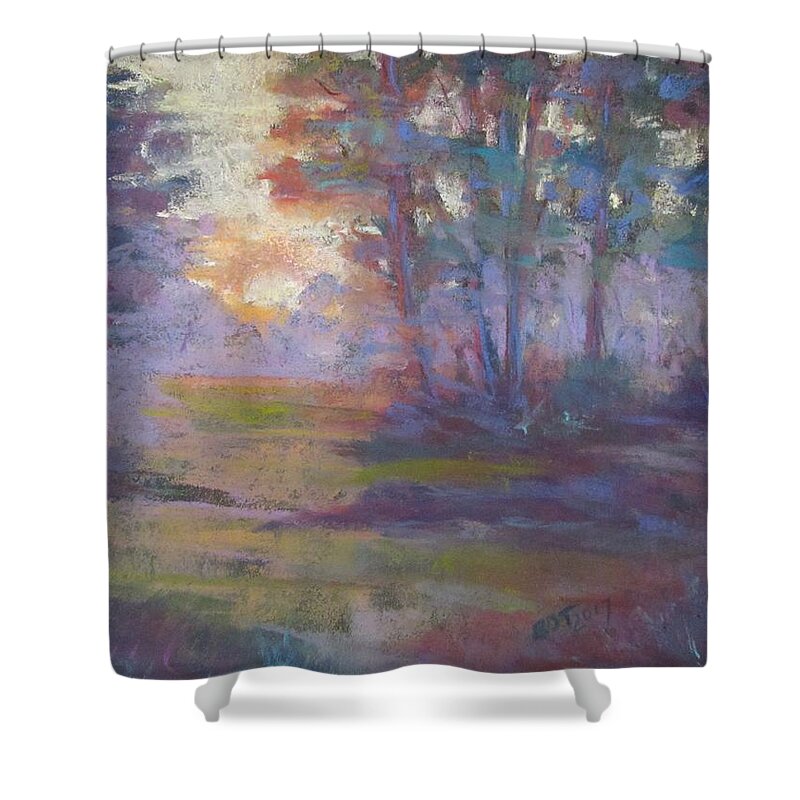Sunrise Shower Curtain featuring the pastel Trees in the mist by Barbara O'Toole