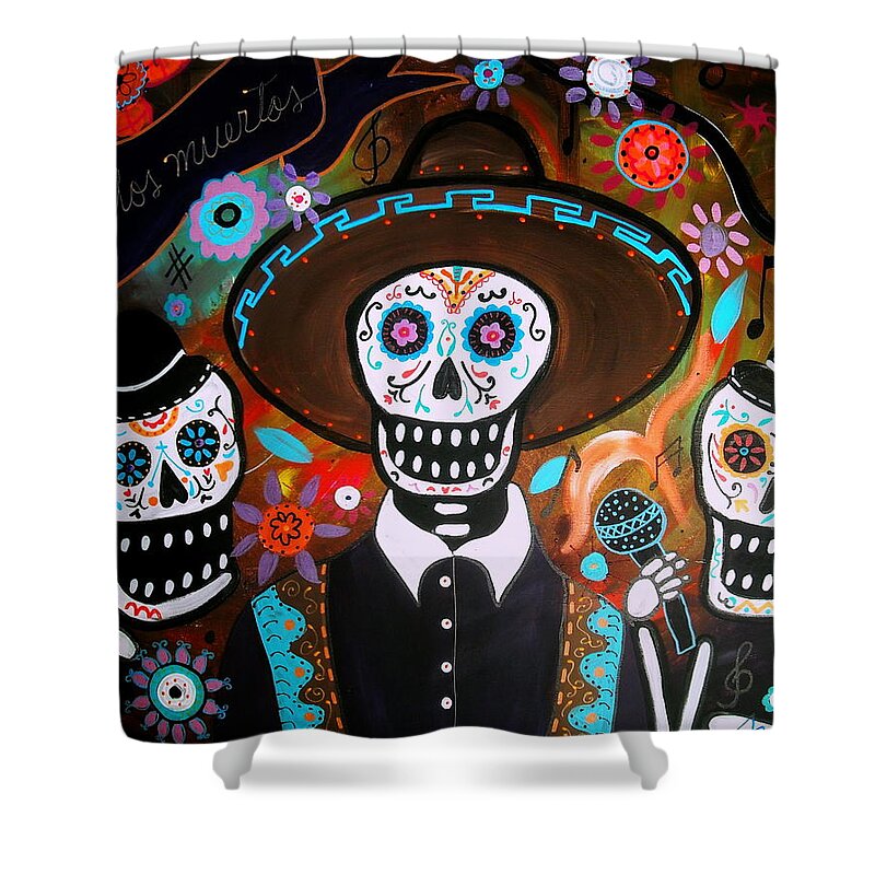 Original Shower Curtain featuring the painting Tres Mariachis by Pristine Cartera Turkus