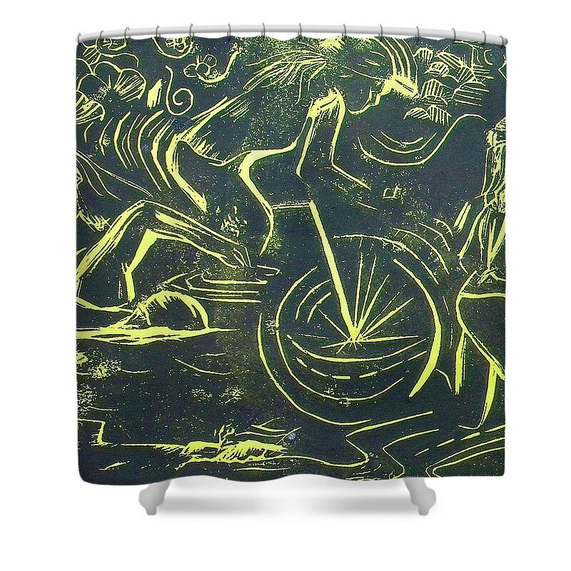 Triathlete Shower Curtain featuring the painting Tri in Reflect by Sandy Ryan