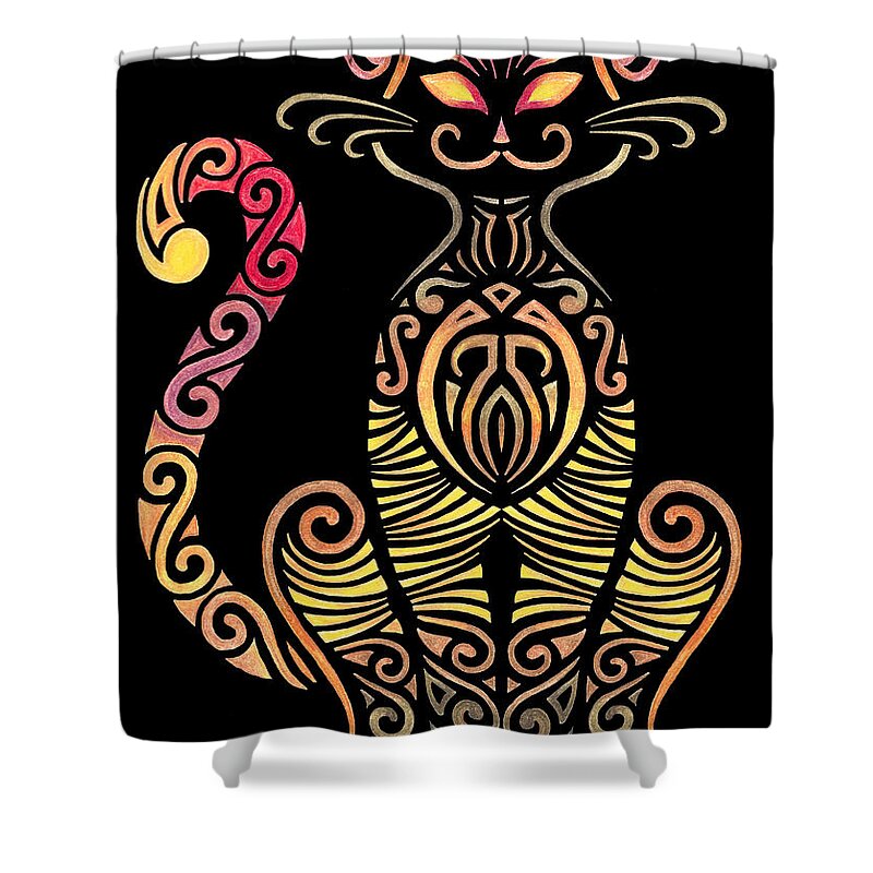 Tribal Shower Curtain featuring the drawing Tribal Cat by Heather Schaefer
