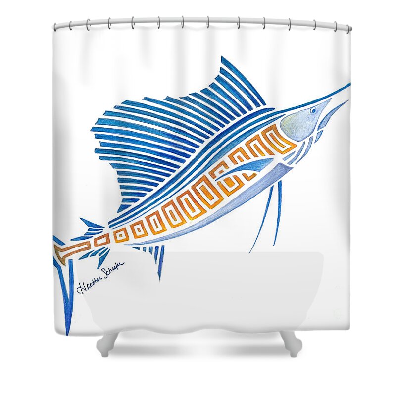 Tribal Shower Curtain featuring the drawing Tribal Sailfish by Heather Schaefer