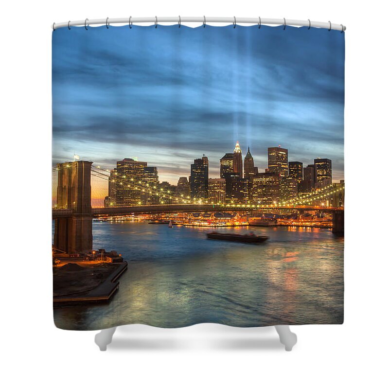Clarence Holmes Shower Curtain featuring the photograph Tribute in Light I by Clarence Holmes