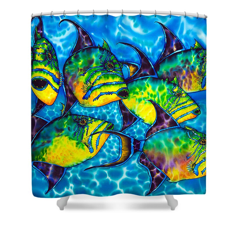 Diving Shower Curtain featuring the painting Trigger Fish - Caribbean Sea by Daniel Jean-Baptiste