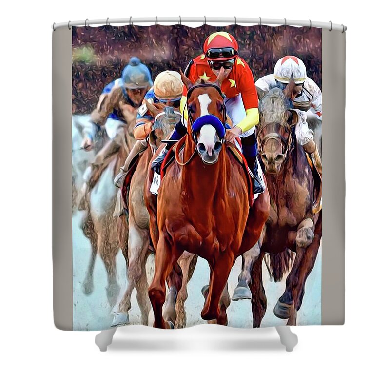 Justify Shower Curtain featuring the digital art Triple Crown Winner Justify by CAC Graphics