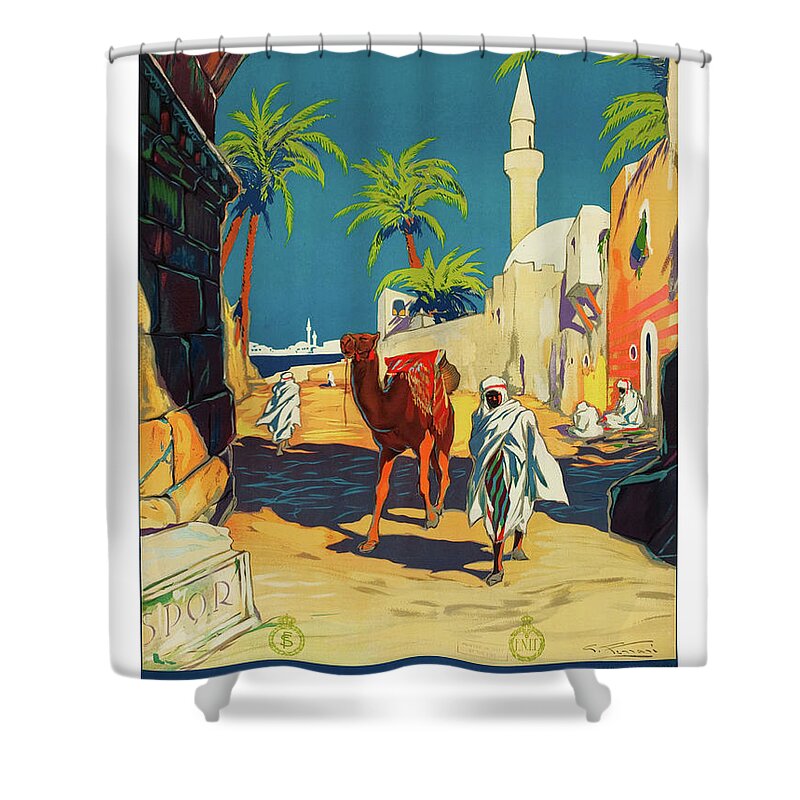 Tripoli Shower Curtain featuring the painting Tripoli, Libya, city, Baudouin with his camel by Long Shot