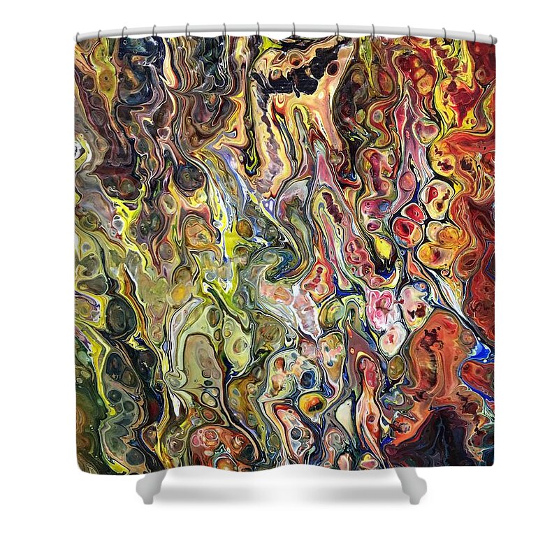Abstract Acrylic Pour On Canvas Shower Curtain featuring the painting Trippin' in the 70's by Karen Chatham