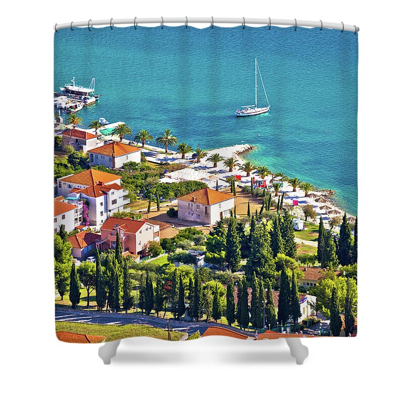 Trogir Shower Curtain featuring the photograph Trogir beach and tourist coast aerial view by Brch Photography