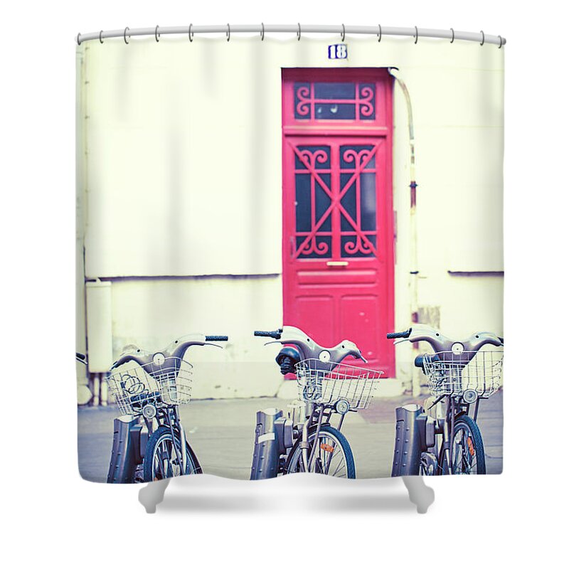 Paris Photography Shower Curtain featuring the photograph Trois - Three Bicycles in Paris by Melanie Alexandra Price