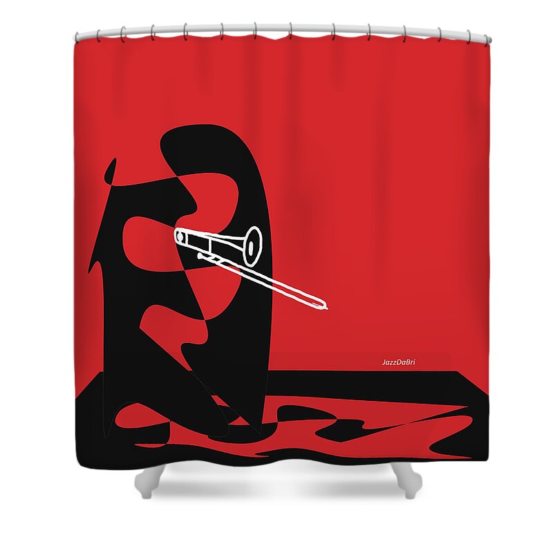 Jazzdabri Shower Curtain featuring the digital art Trombone in Red by David Bridburg