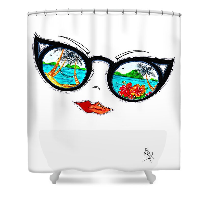 Tropical Shower Curtain featuring the painting Tropical Cat Eyes Sunglass Reflection Aroon Melane 2015 Collection by MADART by Megan Aroon