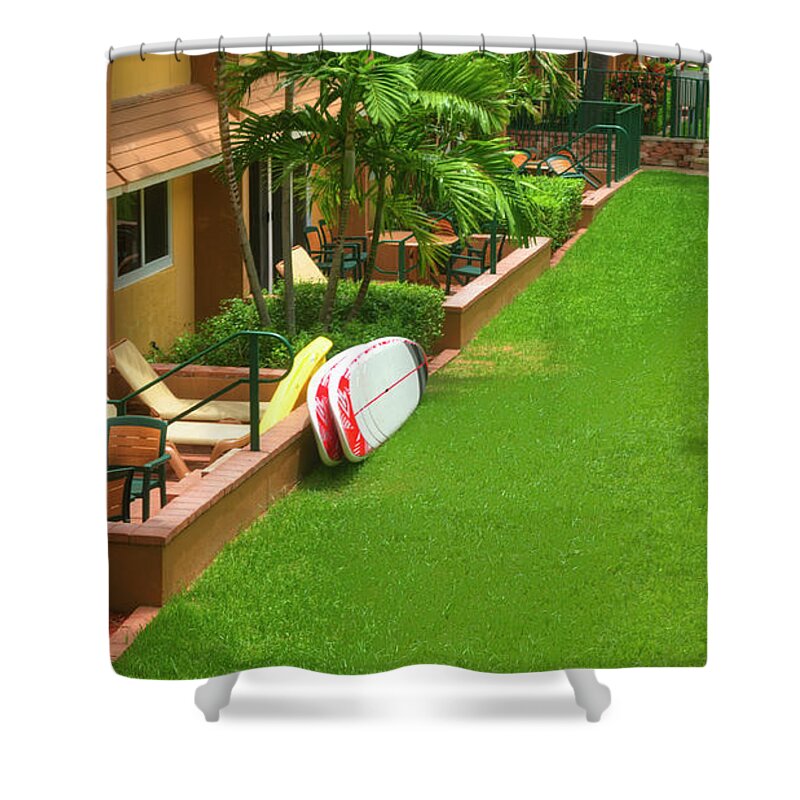 Lush Shower Curtain featuring the photograph Tropical Courtyard by Ules Barnwell