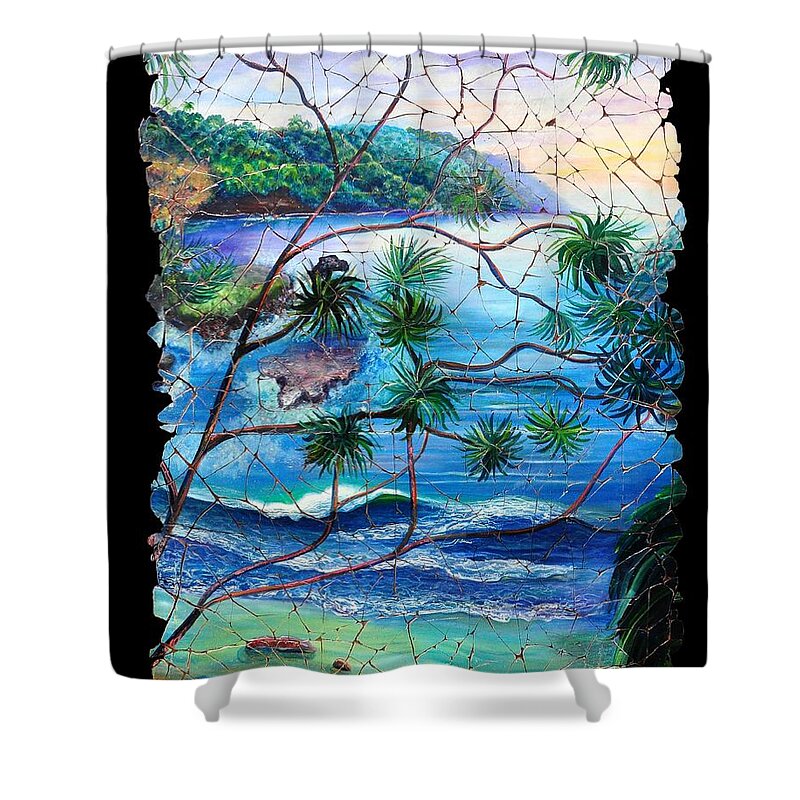 Tropical Cove Set Shower Curtain featuring the painting Tropical Cove fresco triptych 2 by Lena Owens - OLena Art Vibrant Palette Knife and Graphic Design