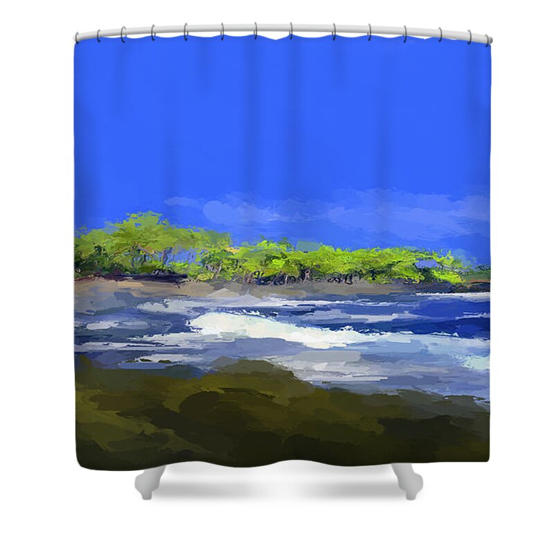 Anthony Fishburne Shower Curtain featuring the mixed media Tropical island coast by Anthony Fishburne