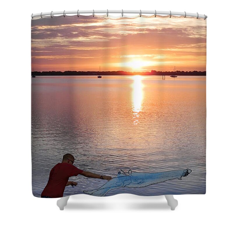 Tropical Shower Curtain featuring the photograph Tropical Sunrise Fisherman by Frances Miller