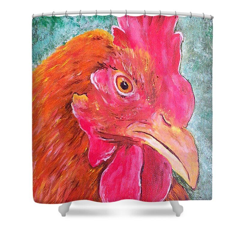 Chicken Art Shower Curtain featuring the painting Troubles Portrait Chicken Art by Cheryl Nancy Ann Gordon