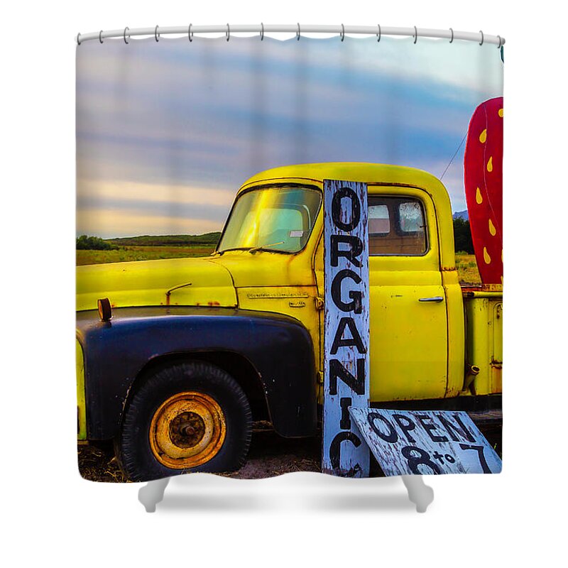 Truck Shower Curtain featuring the photograph Truck With Strawberry Sign by Garry Gay