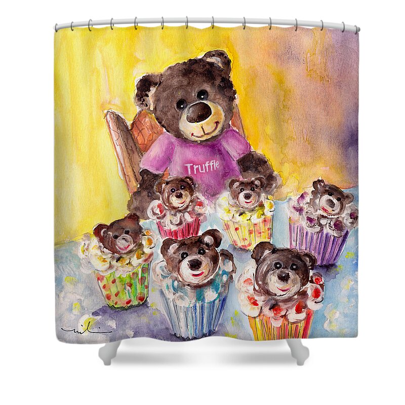 Animals Shower Curtain featuring the painting Truffle McFurry And The Bear Cupcakes by Miki De Goodaboom