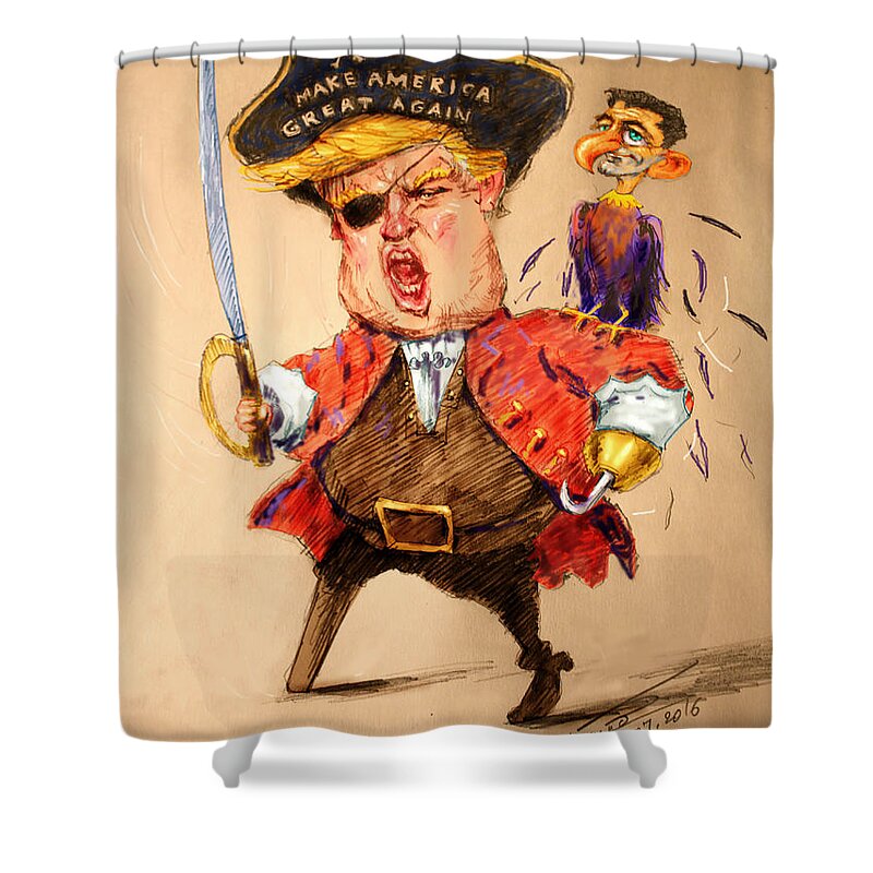 Donald Trump Shower Curtain featuring the painting Trump, the short fingers Pirate with Ryan, the Bird by Ylli Haruni