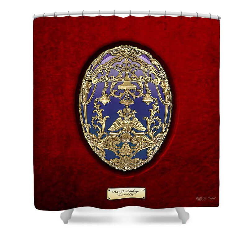 Treasure Trove By Serge Averbukh Shower Curtain featuring the photograph Tsarevich Faberge Egg on Red Velvet by Serge Averbukh