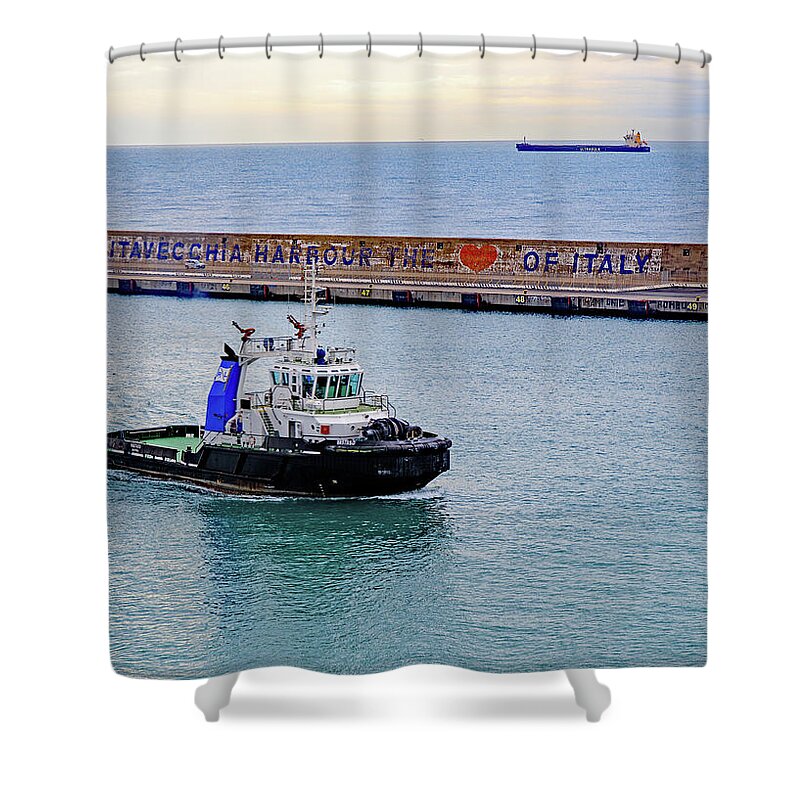 The Port Of Rome Shower Curtain featuring the photograph Tug Boat Vastaso in Civitanecchia Harbour by Allan Levin