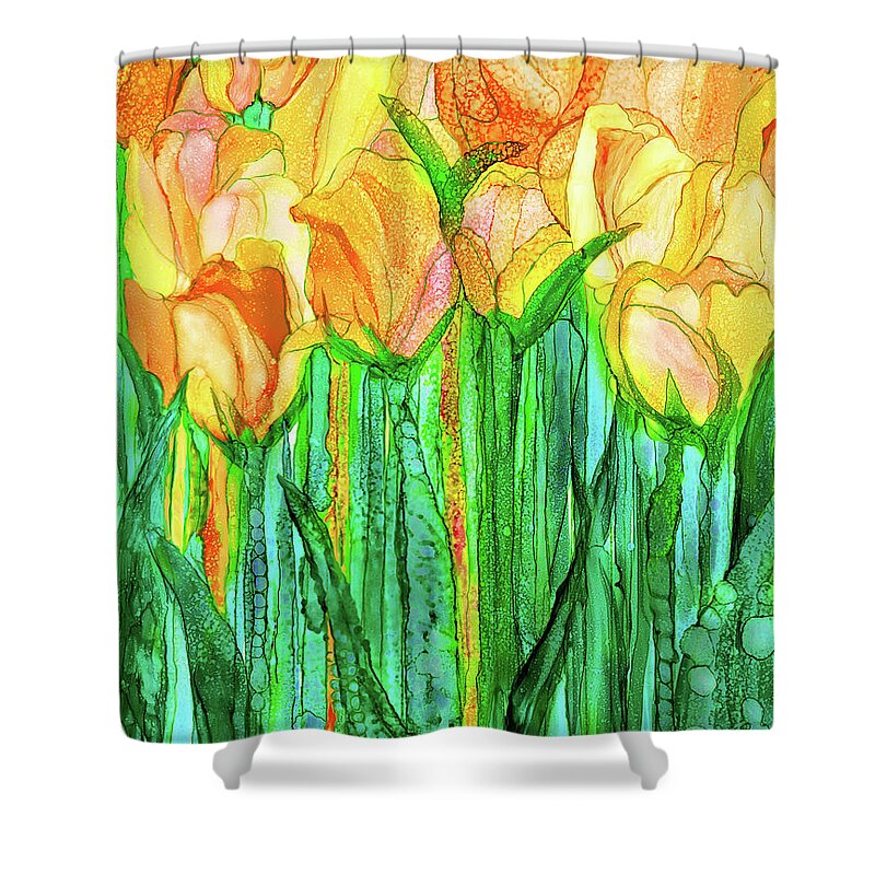 Carol Cavalaris Shower Curtain featuring the mixed media Tulip Bloomies 1 - Yellow by Carol Cavalaris