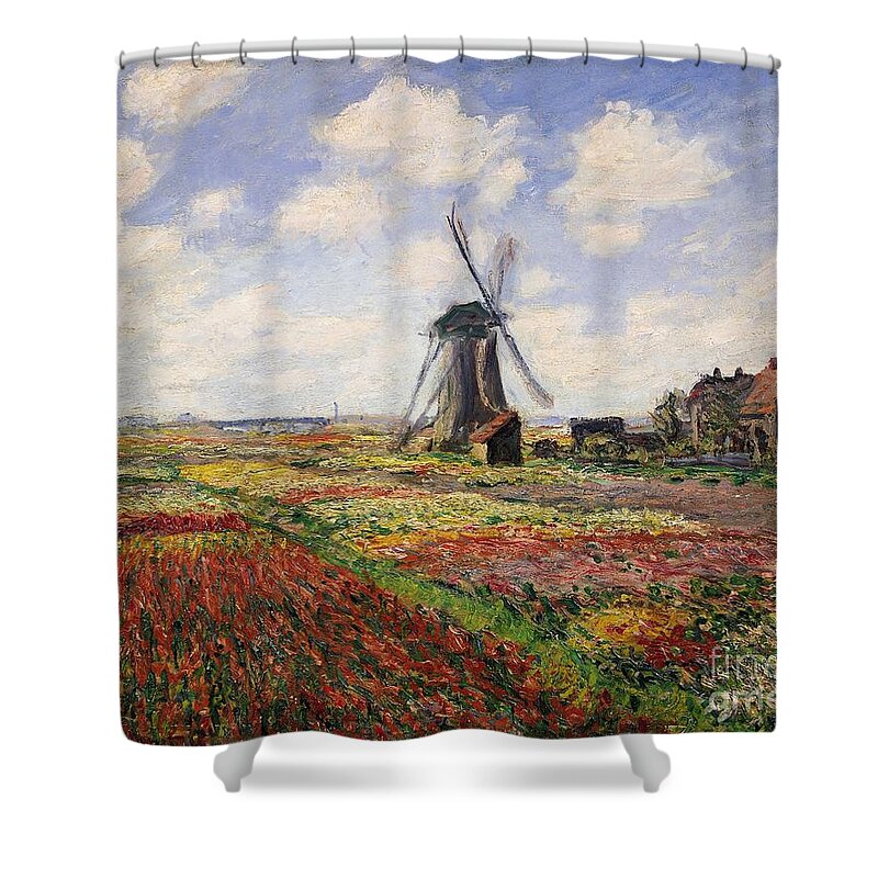 #faatoppicks Shower Curtain featuring the painting Tulip Fields with the Rijnsburg Windmill by Claude Monet