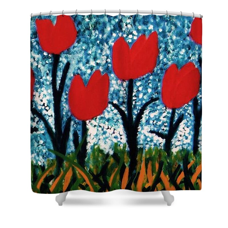 Red Shower Curtain featuring the painting Tulip Time by John Scates