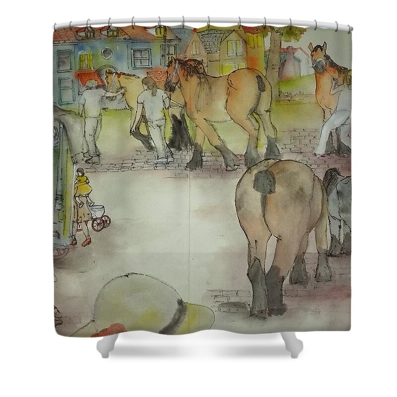 The Netherlands. Cityscape. Equine. Figures . Horse Auction. Livestock. Children Shower Curtain featuring the painting Tulips clogs and windmills albumthe Netherlands. Cityscape, annual by Debbi Saccomanno Chan