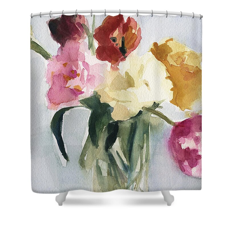 Floral Shower Curtain featuring the painting Tulips in My Studio by Beverly Brown