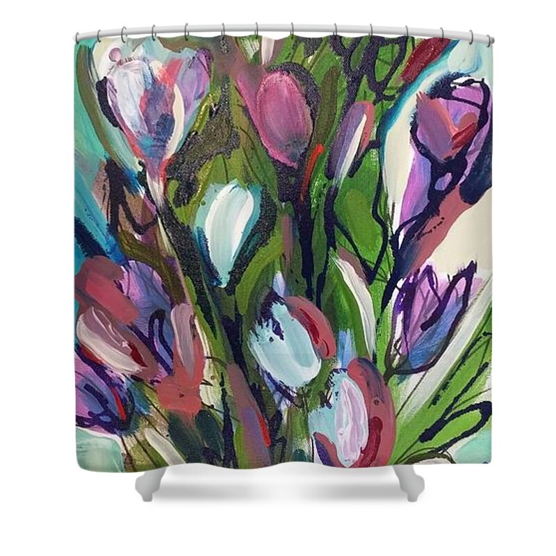 Floral Shower Curtain featuring the painting Tulips on Green by Catherine Gruetzke-Blais