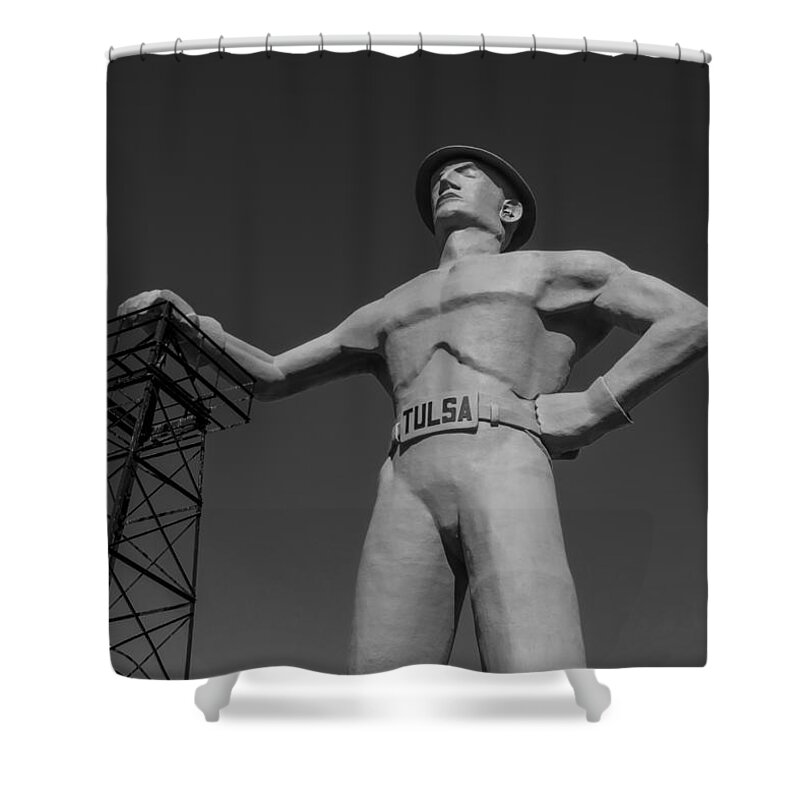 Tulsa Shower Curtain featuring the photograph Tulsa Golden Driller Black and White Landscape by Bert Peake