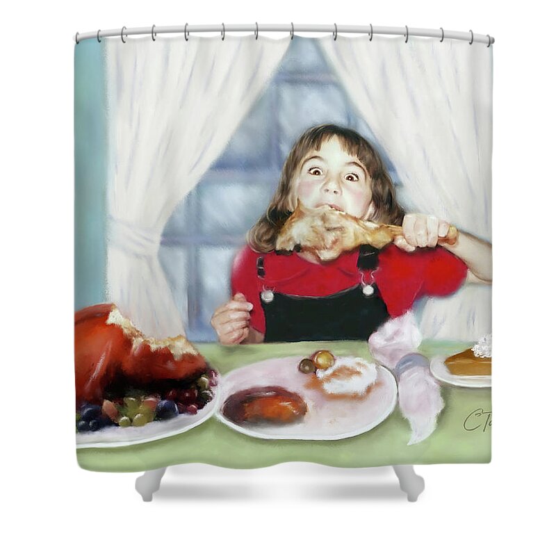 Thanksgiving Shower Curtain featuring the digital art Turkey Girl by Colleen Taylor