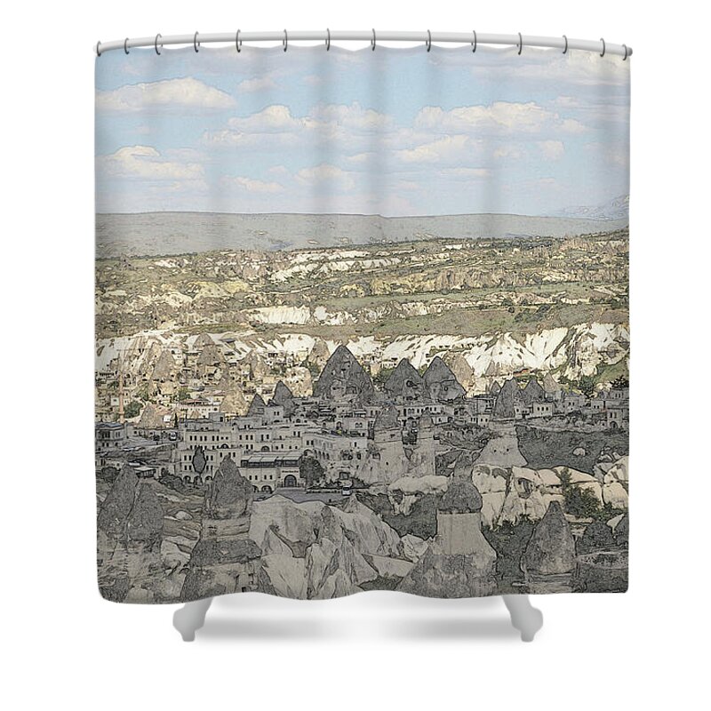 Cappadocia Shower Curtain featuring the digital art Turkey's Land Of Fairy Chimneys by Aparna Tandon