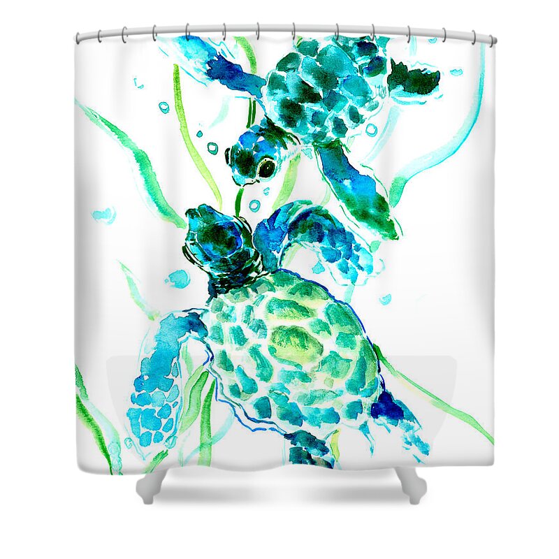 Sea Turtle Shower Curtain featuring the painting Turquoise Indigo Sea Turtles by Suren Nersisyan