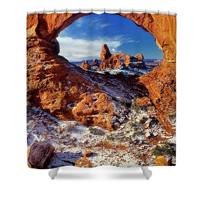 North America Shower Curtain featuring the photograph Turret Arch through North Window Arches National Park Utah by Dave Welling
