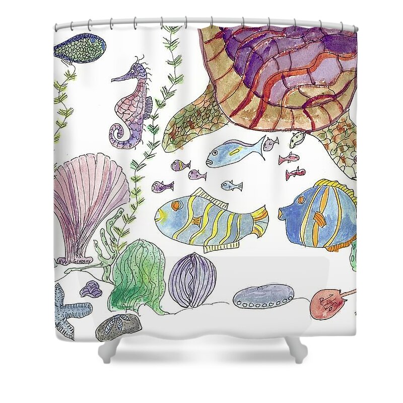 Sea Horse Shower Curtain featuring the painting Turtle and Sea Life by Helen Holden-Gladsky