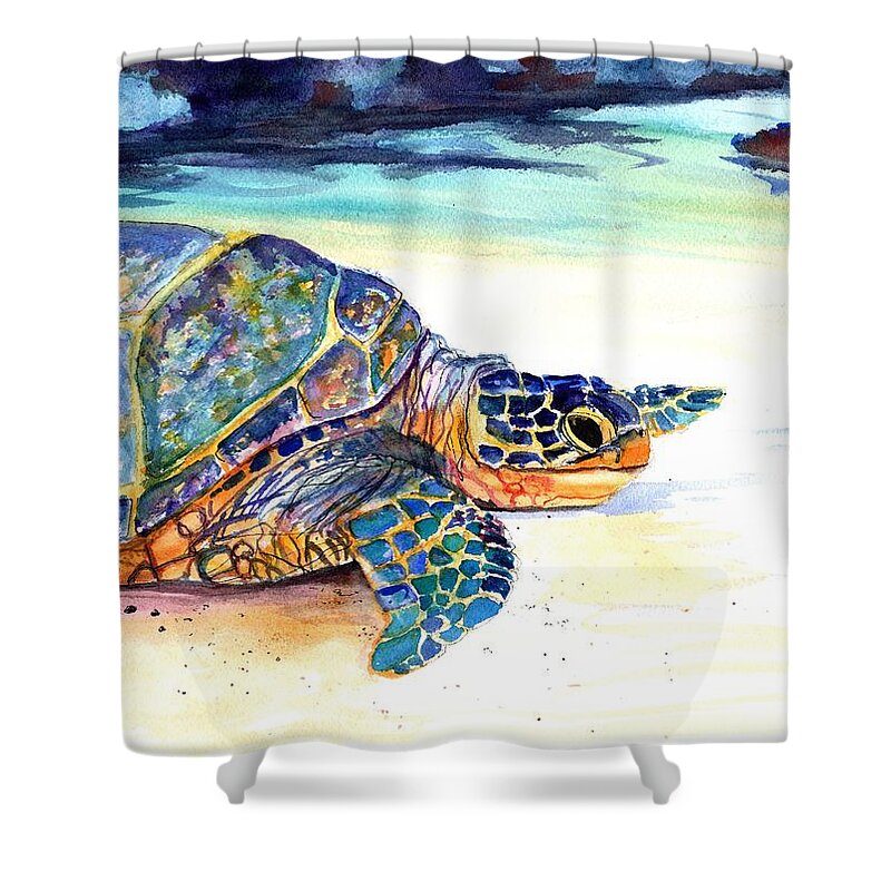 Sea Turtle Shower Curtain featuring the painting Turtle at Poipu Beach 2 by Marionette Taboniar