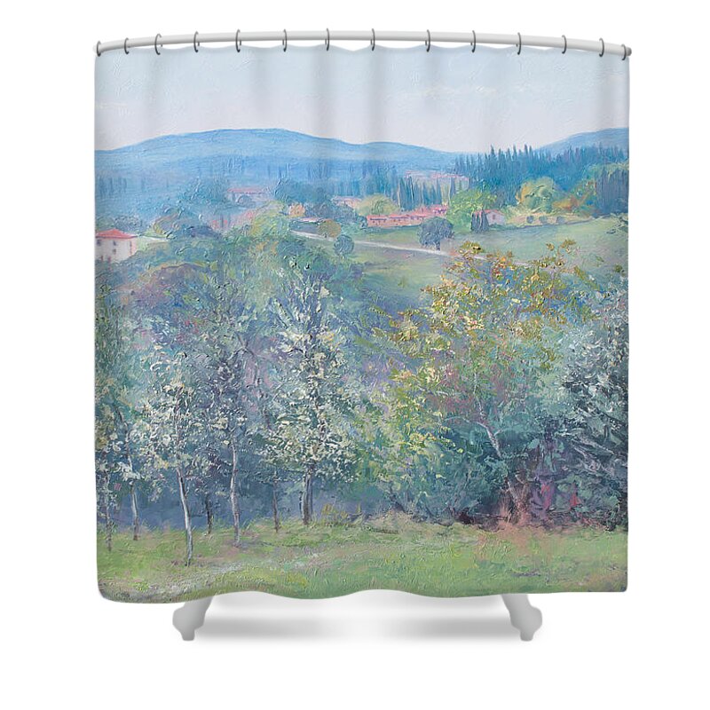 Tuscany Shower Curtain featuring the painting Tuscan landscape by Jan Matson