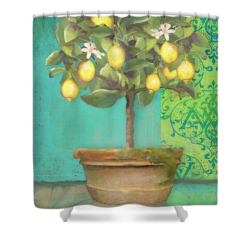 Tuscan Shower Curtain featuring the painting Tuscan Lemon Topiary - Damask Pattern 1 by Audrey Jeanne Roberts