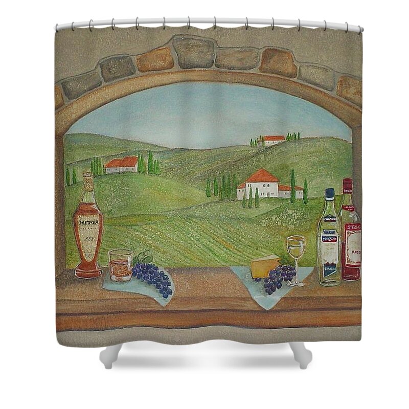 Mural Shower Curtain featuring the painting Tuscan Window View by Anita Burgermeister