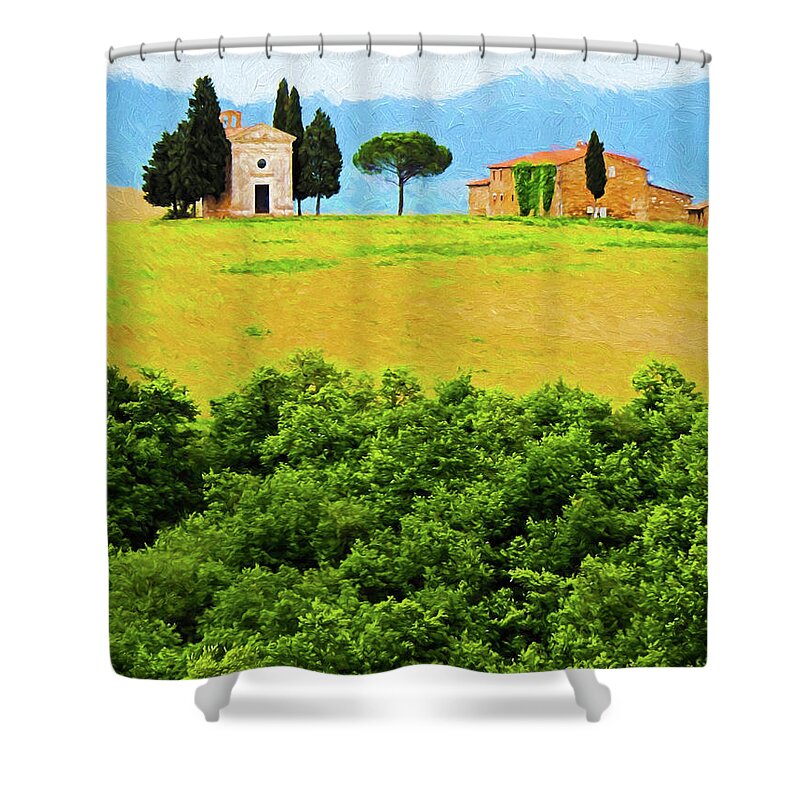 Italy Shower Curtain featuring the digital art Tuscany Chapel and Farmhouse by Dennis Cox