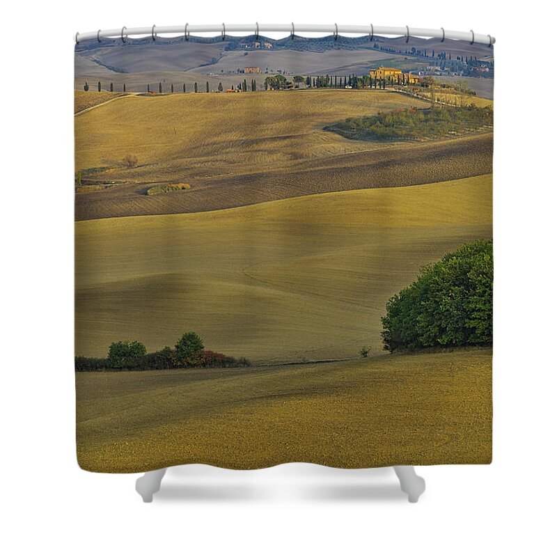 Hill Shower Curtain featuring the photograph Tuscany fields in autumn by Ivan Slosar