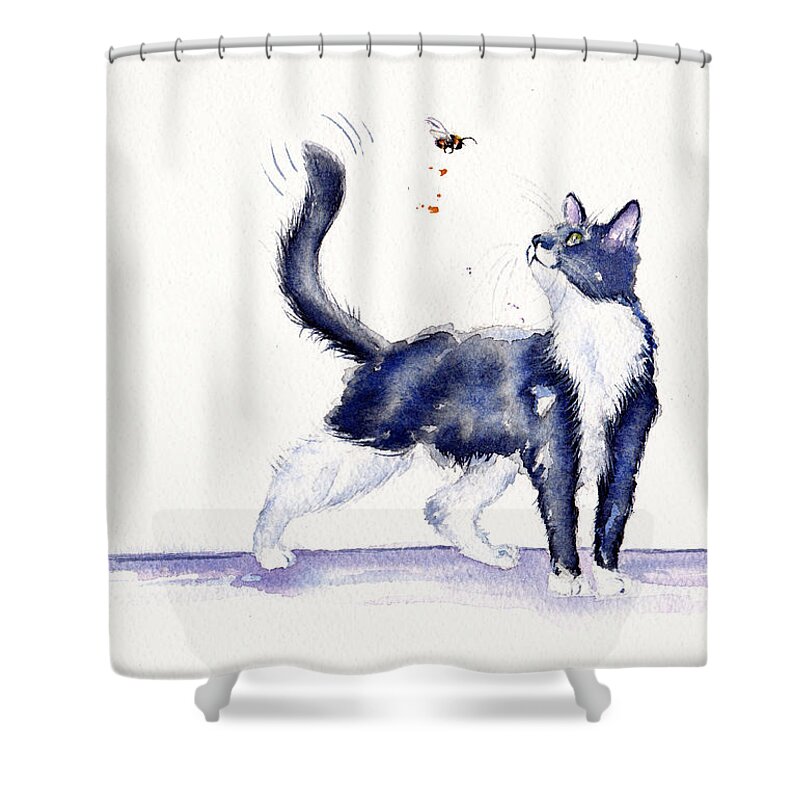 Cat Shower Curtain featuring the painting Tuxedo Cat and Bumble Bee by Debra Hall