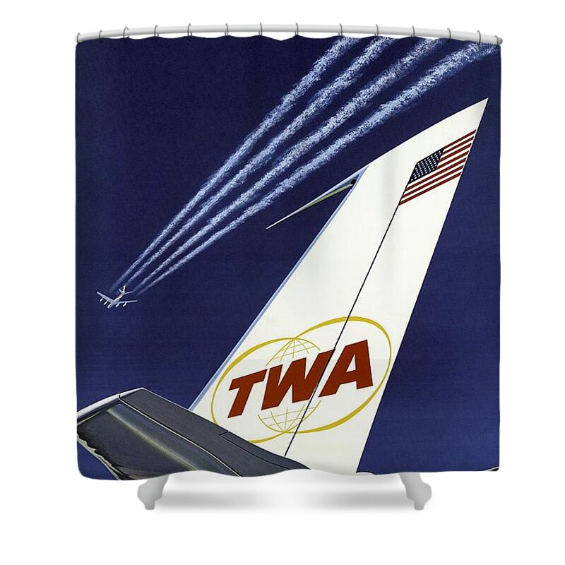 Twa Star Stream Jet Shower Curtain featuring the painting TWA Star Stream Jet - Minimalist Vintage Advertising Poster by Studio Grafiikka