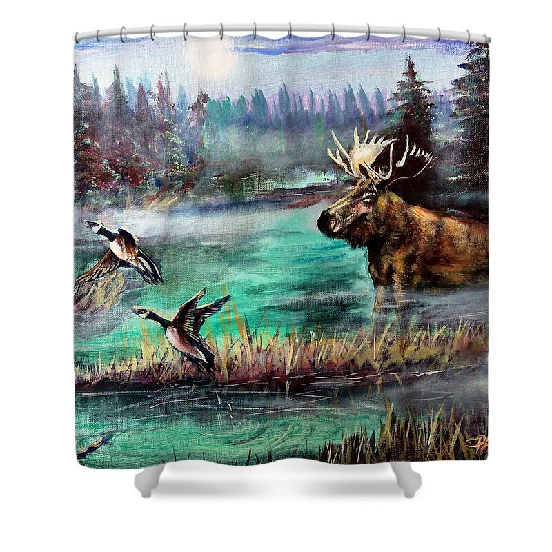 Wildlife Shower Curtain featuring the painting Twilight Moose And Canada Geese by Pat Davidson