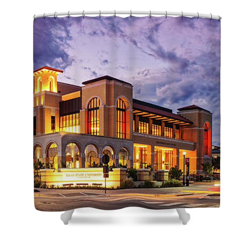 San Marcos Shower Curtain featuring the photograph Twilight Panorama of Texas State University Performing Arts Center - San Marcos Texas Hill Country by Silvio Ligutti